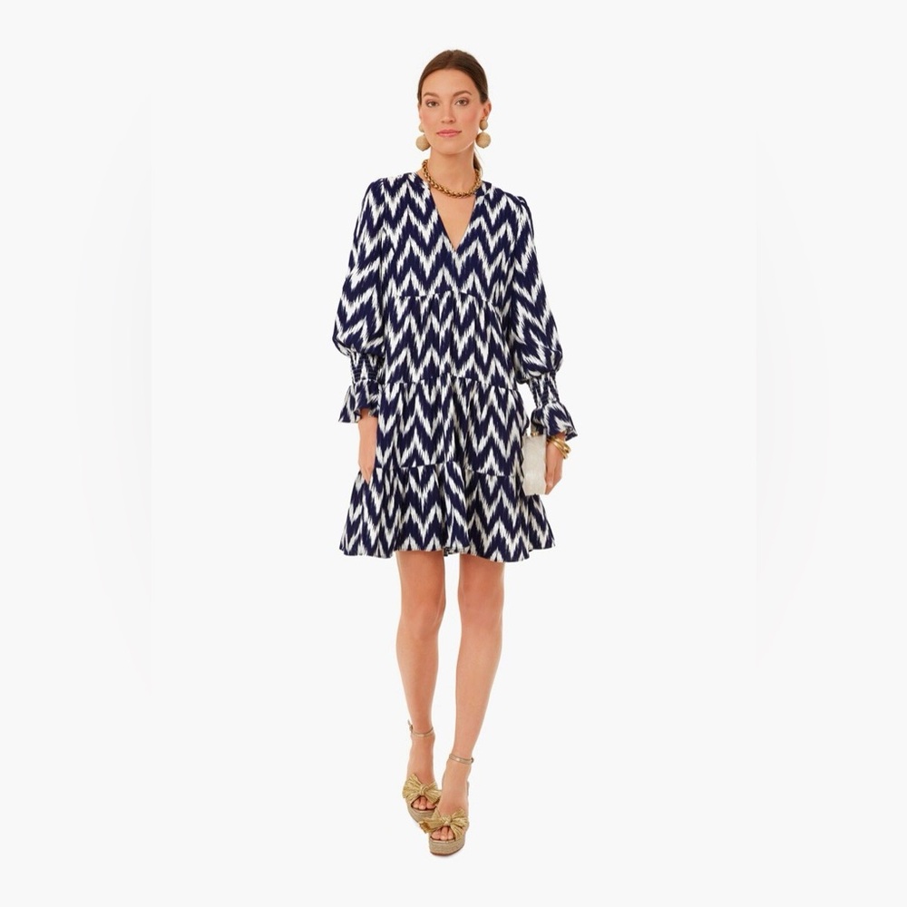 Pomander Place Navy Ikat Kenzo Dress Size Small Navy/White Chevron Pattern